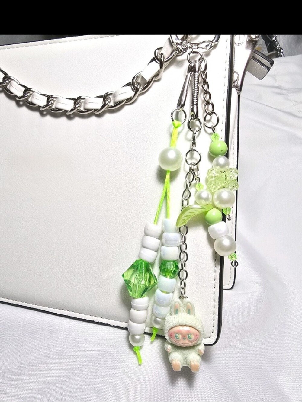 New Pastel Green Labubu Multi Strand Mixed Beaded Bag Charm Key Holder Keychain
